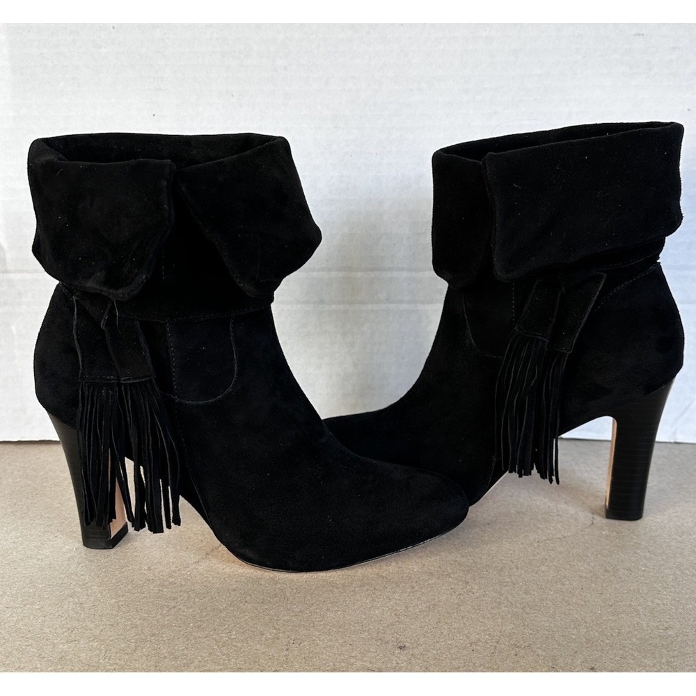 Johnston & Murphy Black Suede High Heel Ankle Boots Cuff Fringe 7.5 M